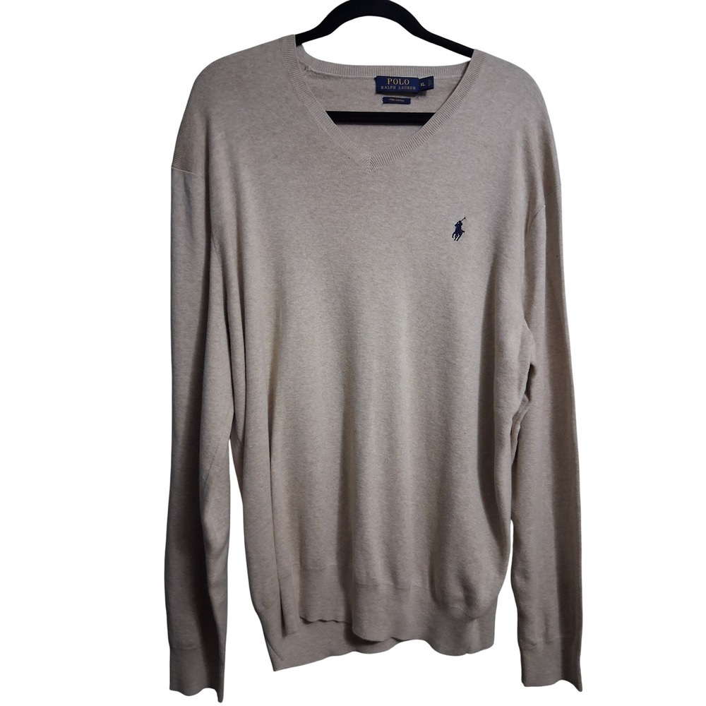 Polo Ralph Lauren Mens XL Beige Pima Cotton V-Neck Sweater Oatmeal Heather
